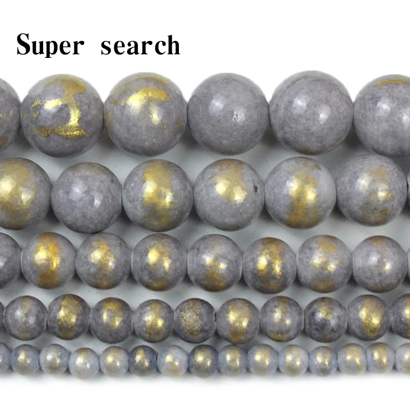 4/6/8/10mm Natural Light Grey Sprinkle Gold Jades Round Loose Beads for Jewelry Making Spacer Beads diy Bracelets Accessories