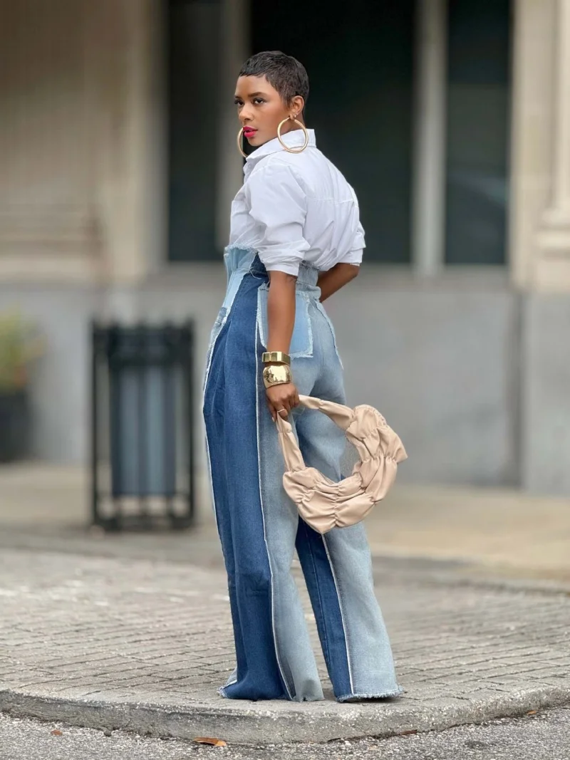 ストリートウェア パッチワーク デニムパンツ 春服 レディース 2026 ハイウエスト ワイドレッグジーンズ 女性用 カジュアル ストレートジーンズ