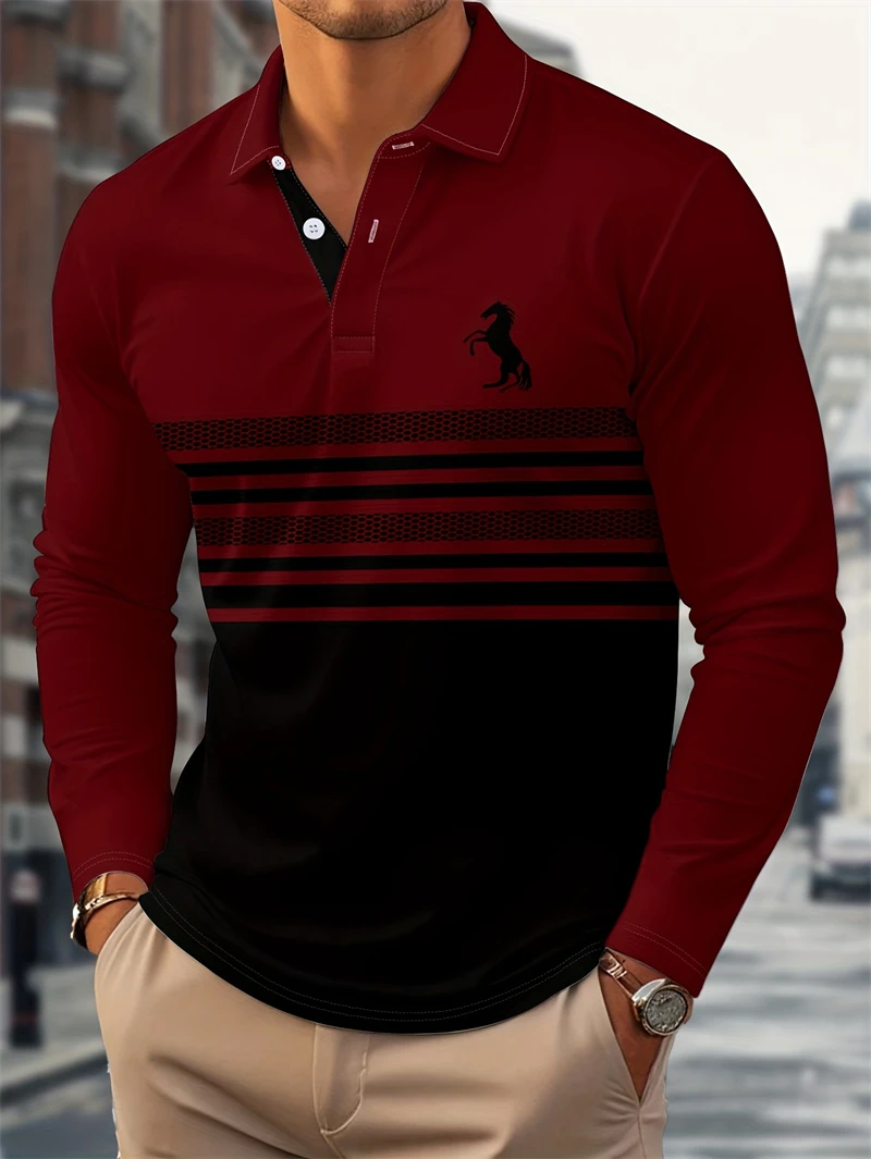 

Simple Striped Horse Graphic Polo Shirts For Men Summer Casual Long Sleeve 3D Printed Business Polo Shirt Loose Breathable Tops