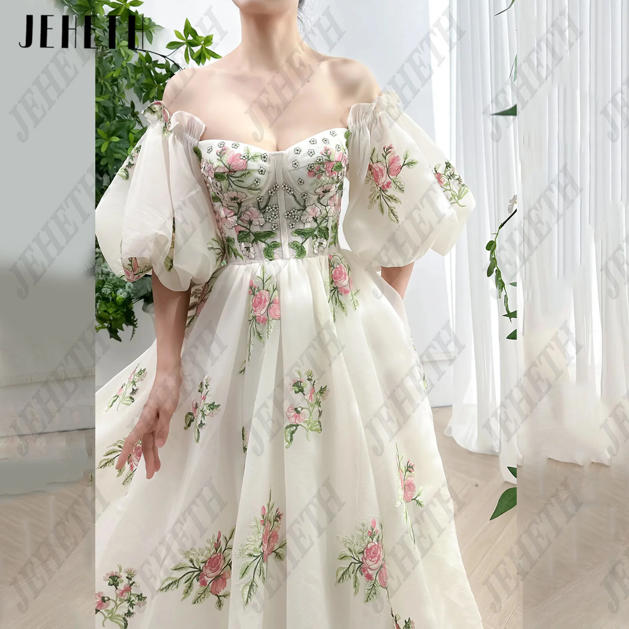 JEHETH Lace Long Prom Dress A-Line Flowers Evening Party Gowns Floral Print Corset vestidos de gala Puff Sleeves Sweetheart