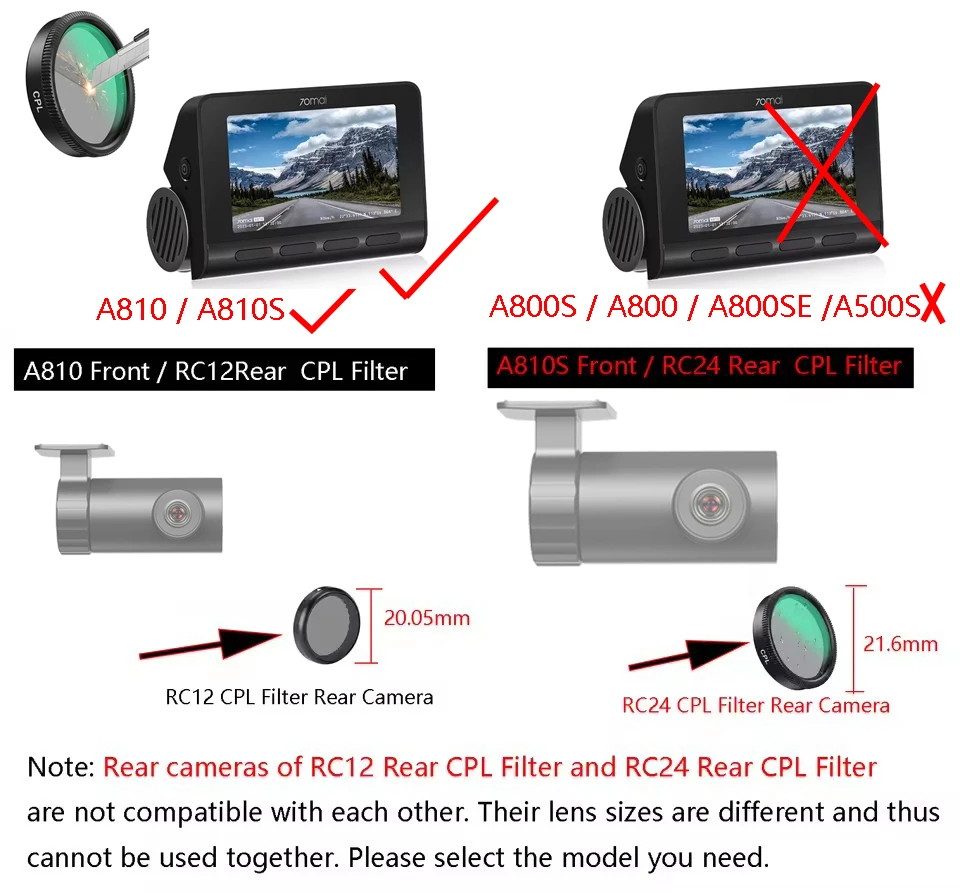 For 70mai CPL Filter Only for 70mai A810 / A810S CPL Filter for 70mai RC12 / RC24 Rear Camera CPL Filter