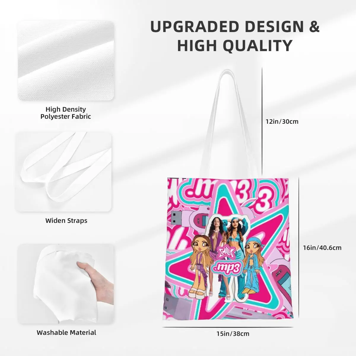 MP3 에밀리아 멜레스 쇼핑백 소녀용 캔버스 토트백 접이식 소녀용 숄더 토트 여행용 핸드백