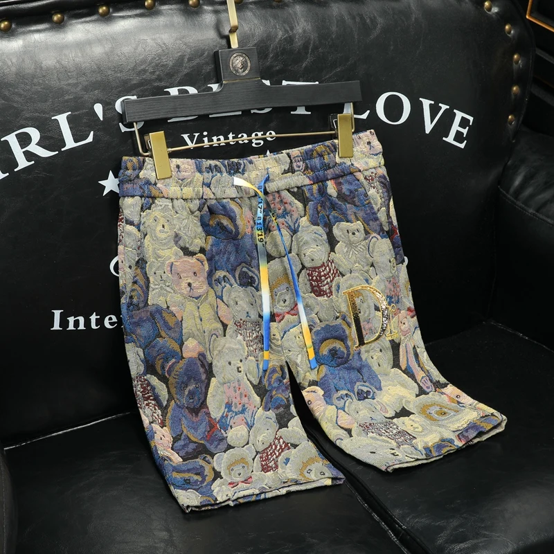 

Летние модные пляжные брюки 2024 с вышивкой, мужские трикотажные повседневные свободные шорты-бермуды с принтом медведя, удобные хлопковые шорты