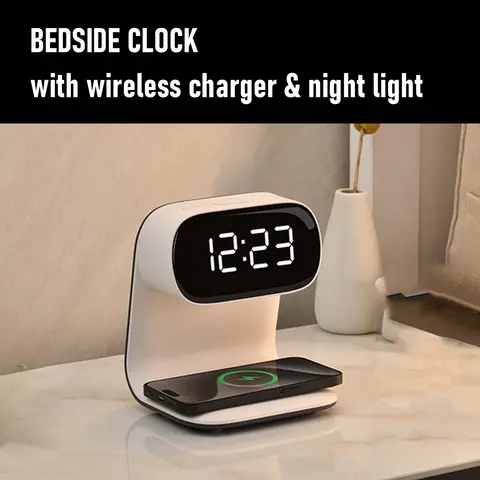 Digital Alarm Clock with Wireless Fast Charging Station 15W Touch Smart Lamp 3 Colors Nightlight for Living Room Bedside