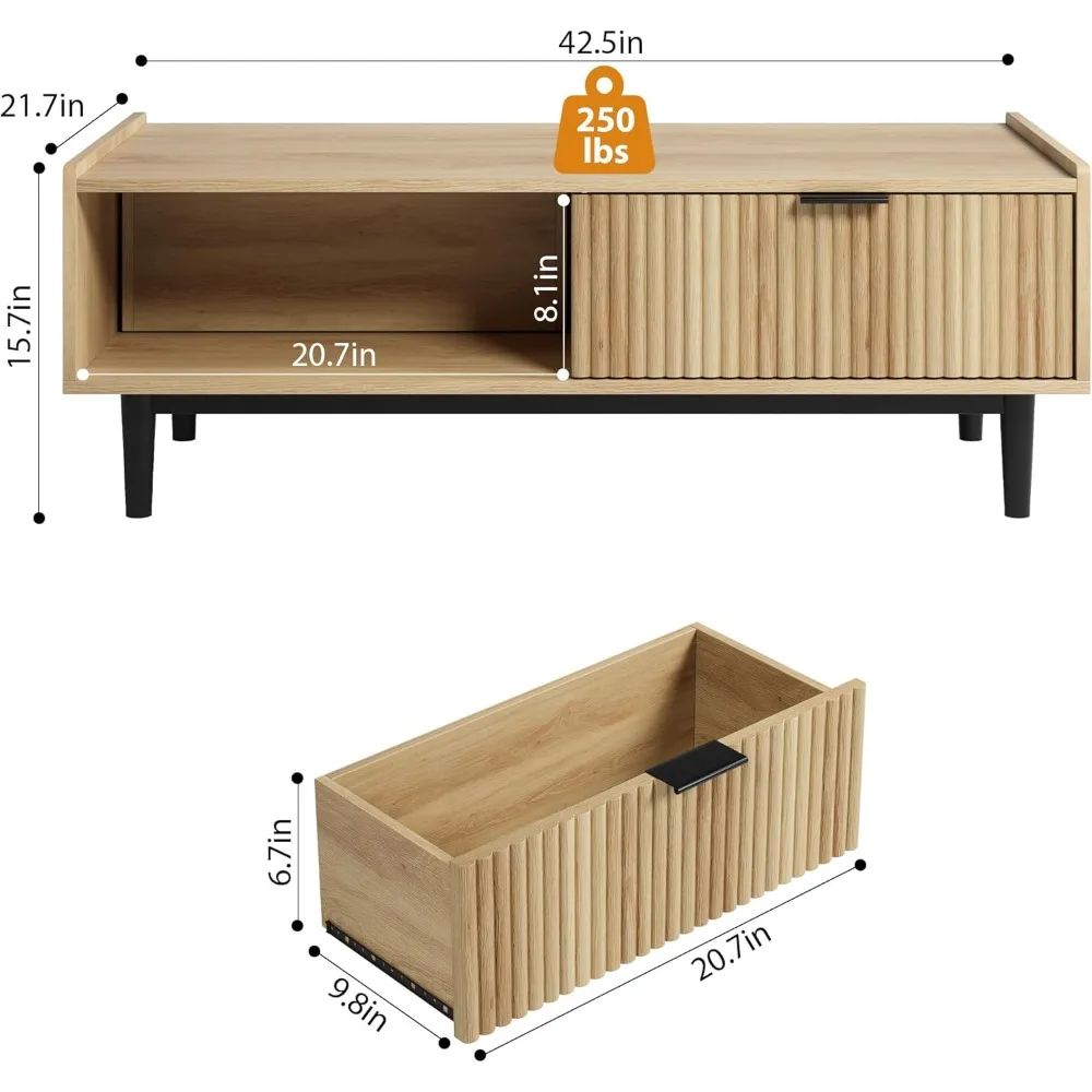 طاولة القهوة 42.5 طاولة مركزية حديثة لمنتصف القرن مع درج طاولة غرفة المعيشة المخددة مع تخزين من الخشب الخفيف #2