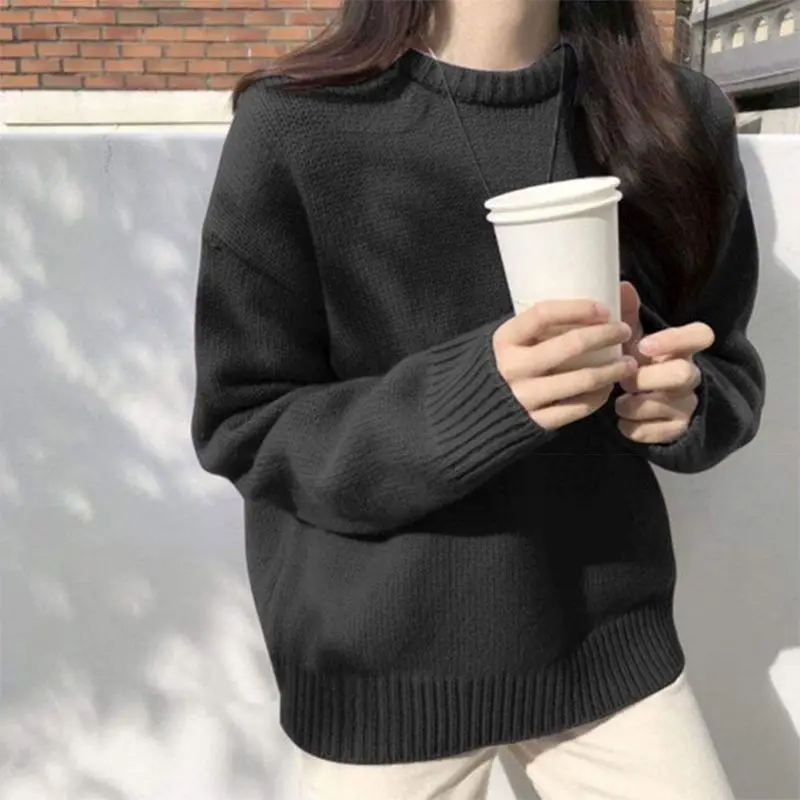 Women's Korean Edition Solid Round Neck Sweater Autumn/Winter New Loose Lazy Style Knitted Shirt Thickened Top Outward Wear