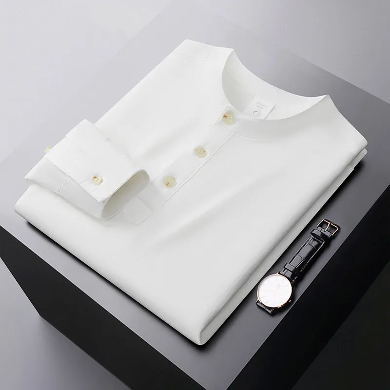 

Mens Shirts For Man Classic Henry Collar Long Sleeve Business Casual Cotton Shirt Spring Autumn Preppy Style Office Wear