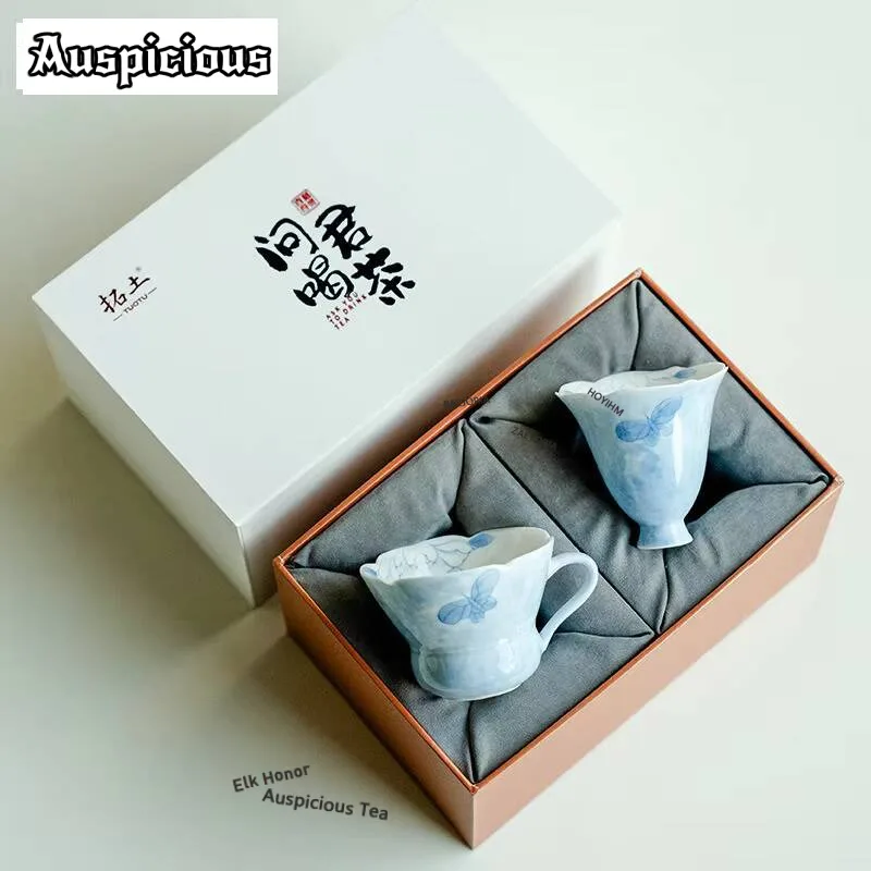 

Hand-painted Mist Blue Butterfly Teacup Antique Tea Bowl Tea Cup Set Tea-tasting Smelling Cup Chazhan Master Cups Chinese Teaset