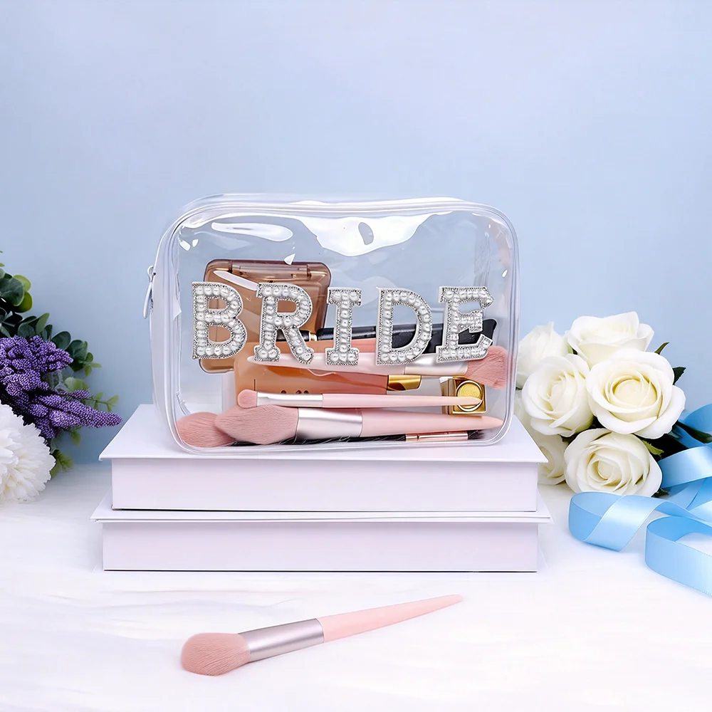 

Bride Clear Cosmetic Bag Travel Toiletry Bags for Bachelorette Party Supplies Engagement Wedding Bridal Shower Gift Decoration