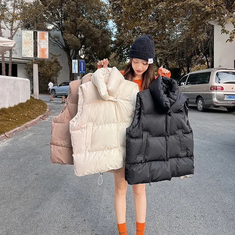 Women Vests Sleeveless Stand Collar Solid Color Draw String Pockets Zipper Cardigan Coats High Street Outerwear Autumn 2023