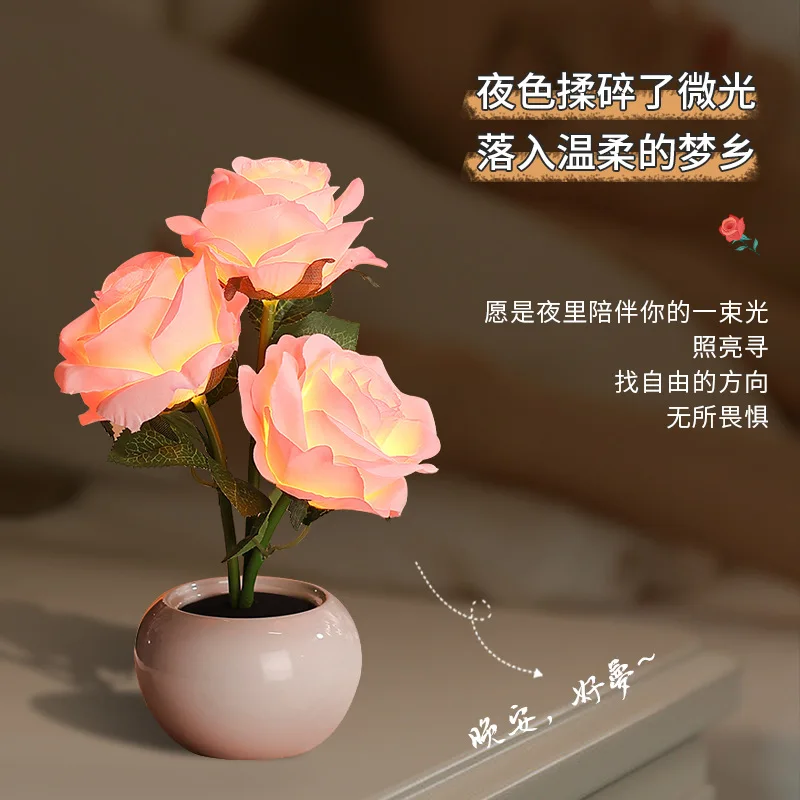 Eternal Rose Night Light Ceramic Bedside Lamp Romantic Bedroom Sleep Ambient Decor Creative Gift For Girls