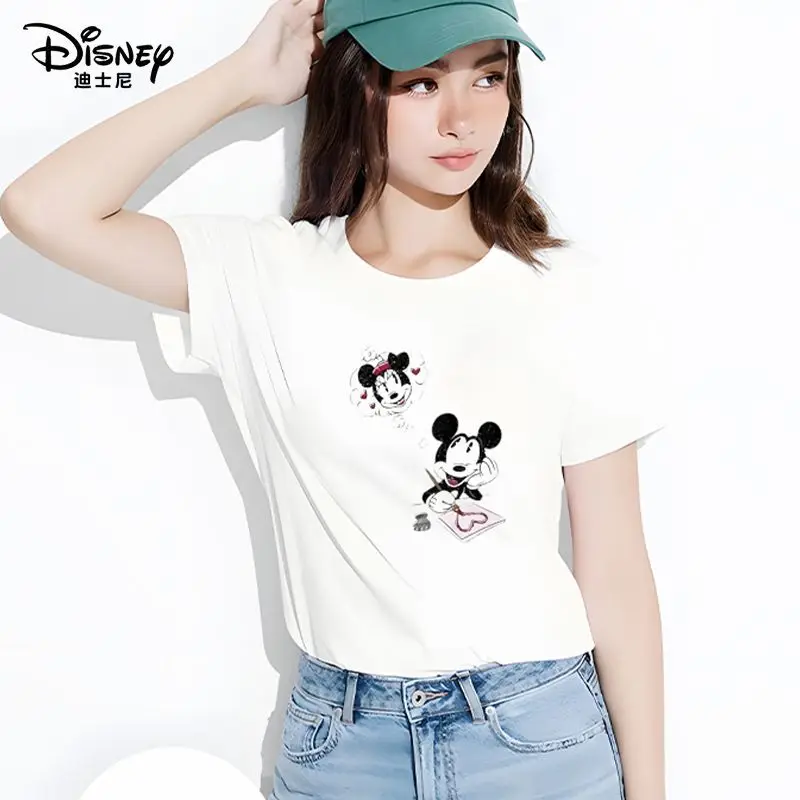 디즈니 미키 마우스 만화 프린트 코튼 티셔츠 2025 여름 신상 여성 스트리트웨어 반팔 캐주얼 탑