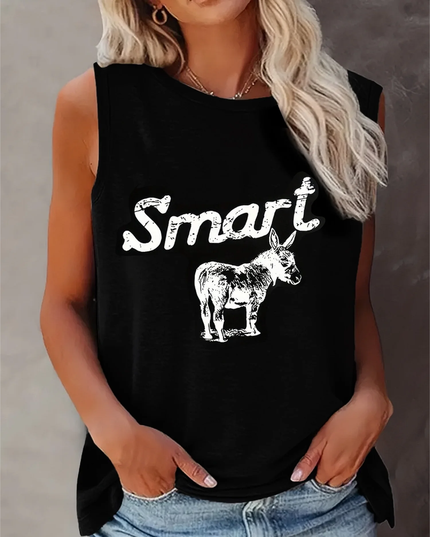 Plus Size Damska kamizelka graficzna Donkey Print Luźny okrągły dekolt Letnie topy bez rękawów Streetwear Oversize Tank Tops 3XL 4XL 5XL