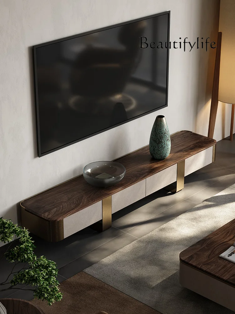 Italian Minimalist Coffee Table TV Cabinet Combination Home Living Room Black Walnut Wooden TV Cabinet Light Luxury