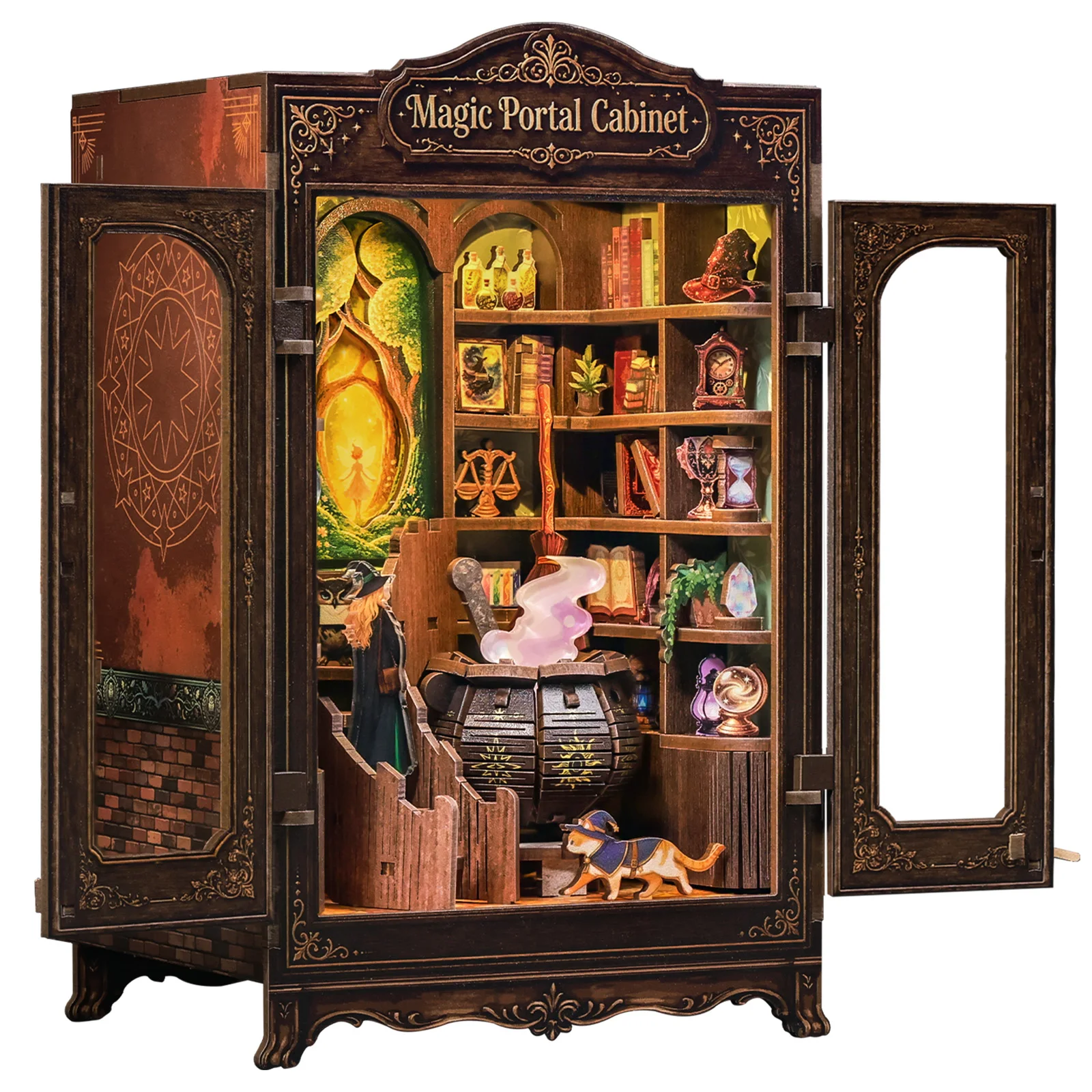 Fsolis Magic Portal Cabinet DIY Miniature House 3D Wooden Dollhouse Booknook Puzzle for Adults Bookshelf Insert Room Decor gifts