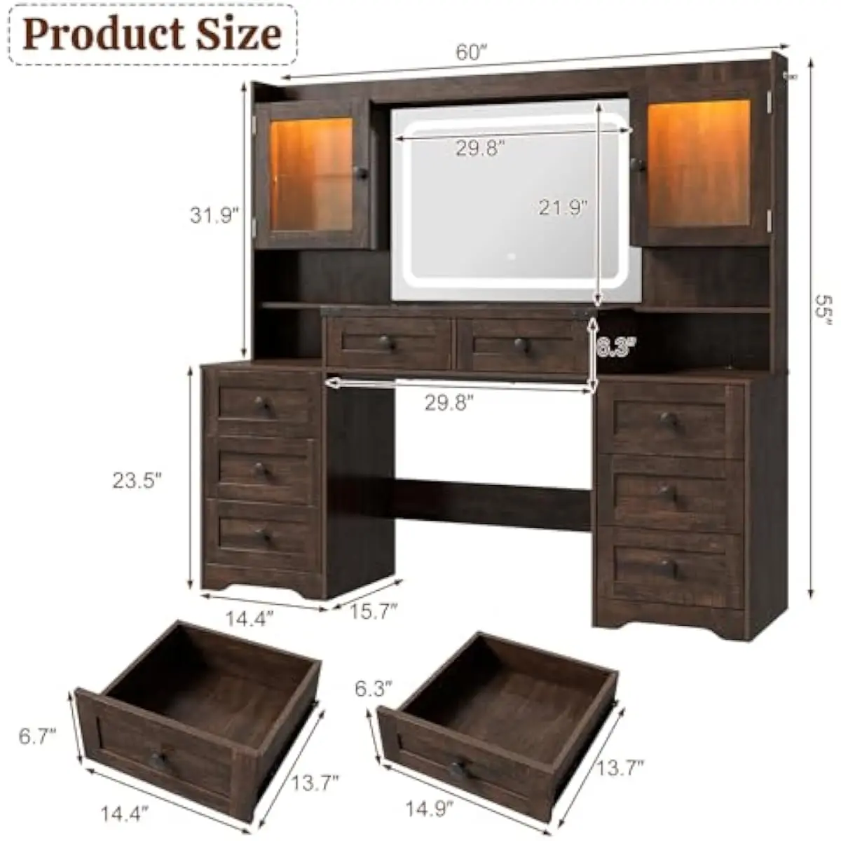 60 Inch Rustic Farmhouse Vanity Desk Featuring Adjustable RGB LED Mirror Lighting, Eight Smooth-Drawers, Dual Glass-Front Cabine