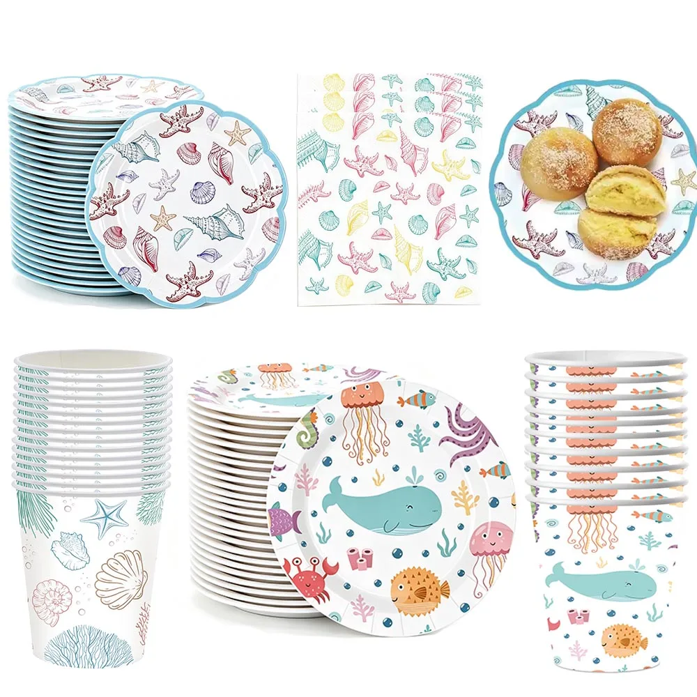 Ocean Seashell Party Supplies Summer Beach Party Tableware Plates Cups Shell Starfish Cake Decorations Kids Birthday party