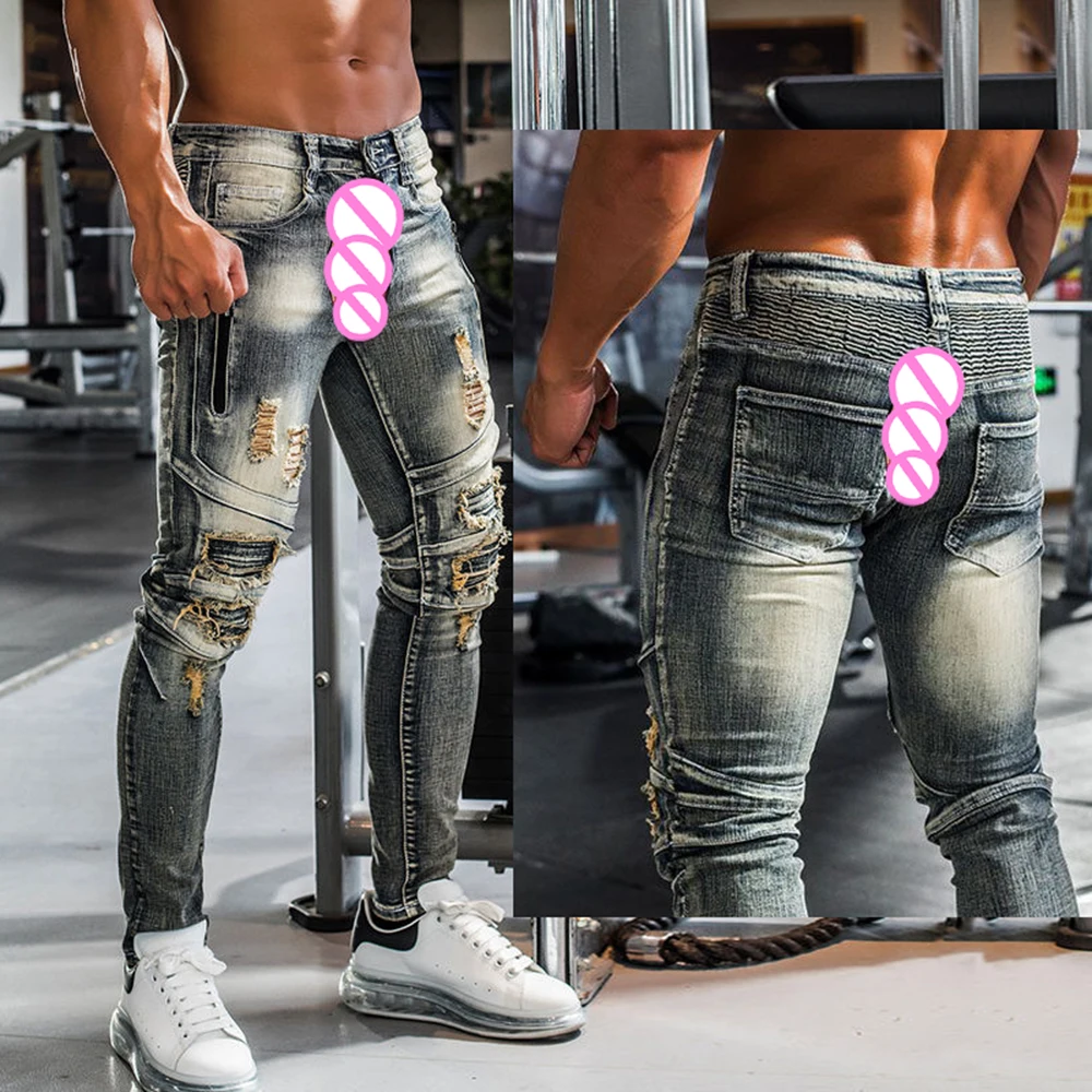 Locomotive Handsome Jeans Men Slim Breathable Invisible Open Crotch Outdoor Sex Gym Casual Denim Ripped Splicing Elastic Vintage