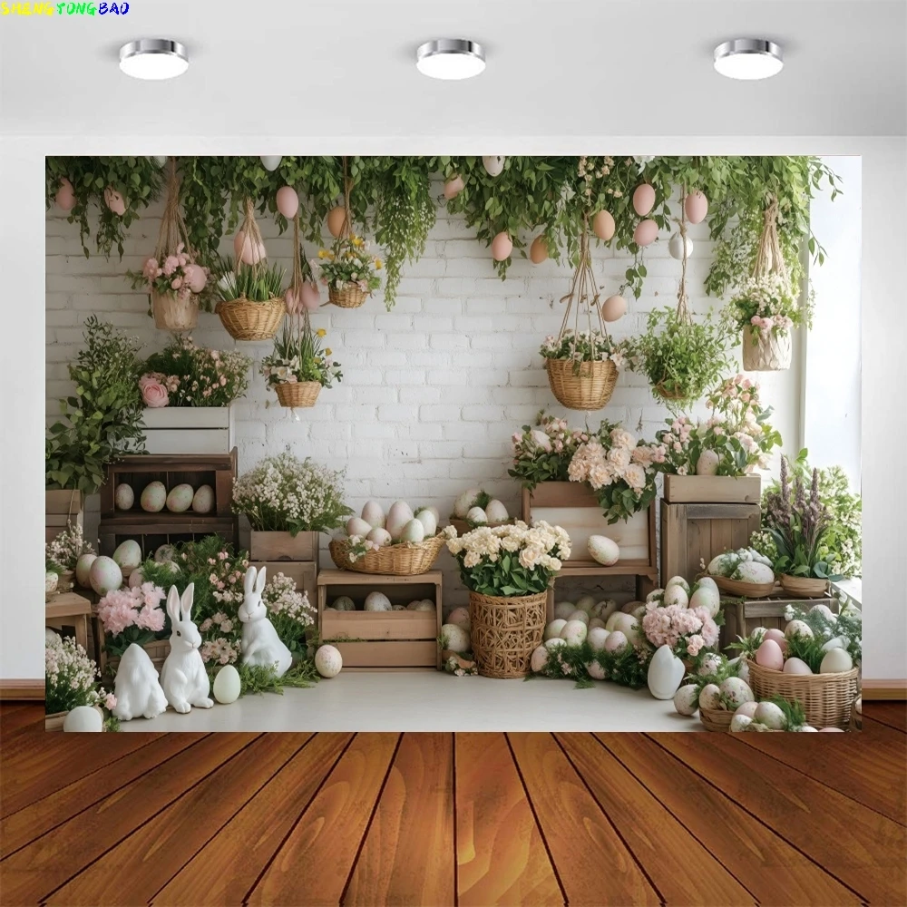 Primavera fundo de páscoa para fotografia parede de tijolo branco piso de madeira plantas verdes flores ovos coelhos pano de fundo estúdio foto