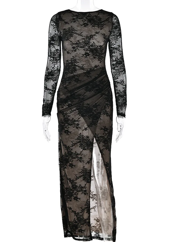 القطب الشمالي القط أنيقة طويلة الأكمام الدانتيل طبقة مزدوجة Bodycon فستان المرأة مثير ضيق سبليت نادي الحفلات مساء فستان رسمي شتاء جديد #6