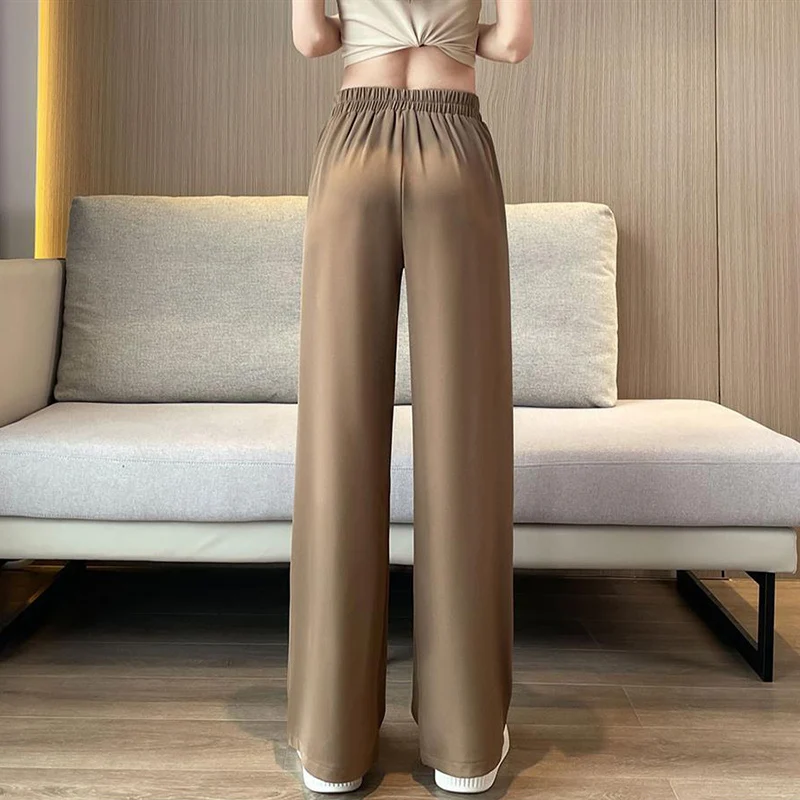Fashion Elastic High Waist Pants Women 2024 Casual Loose Solid Color Straight Trousers Woman Basic Office Ladies Suit Pants