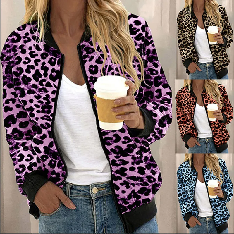 

Women's Leopard Stand-Up Collar Long Sleeve Zipper Cardigan Coat Jackets Autumn Ladies Casual Loose Outwear Outcoat Size S-2XL
