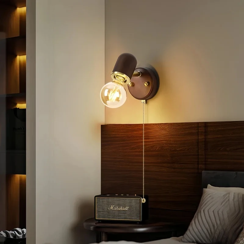 Vintage Walnut & Brass Wall Sconce with Pull Chain for Bedroom Bedside Bathroom Vanity Hallway Lighting