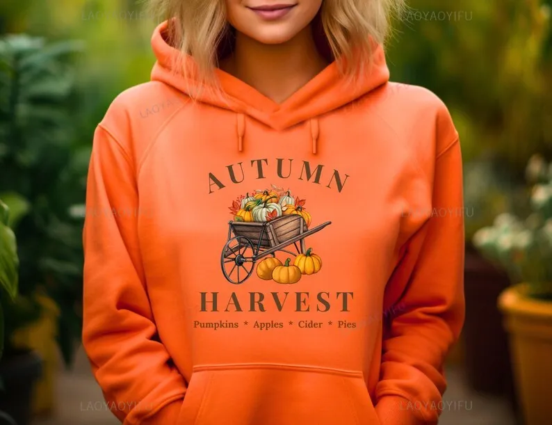 Autumn Harvest Pumpkins Apples Cider Pies Cartoon Hooded Fall Sweatshirt Woman Gift Winter Winter Inspired Man Indoor Hoodie