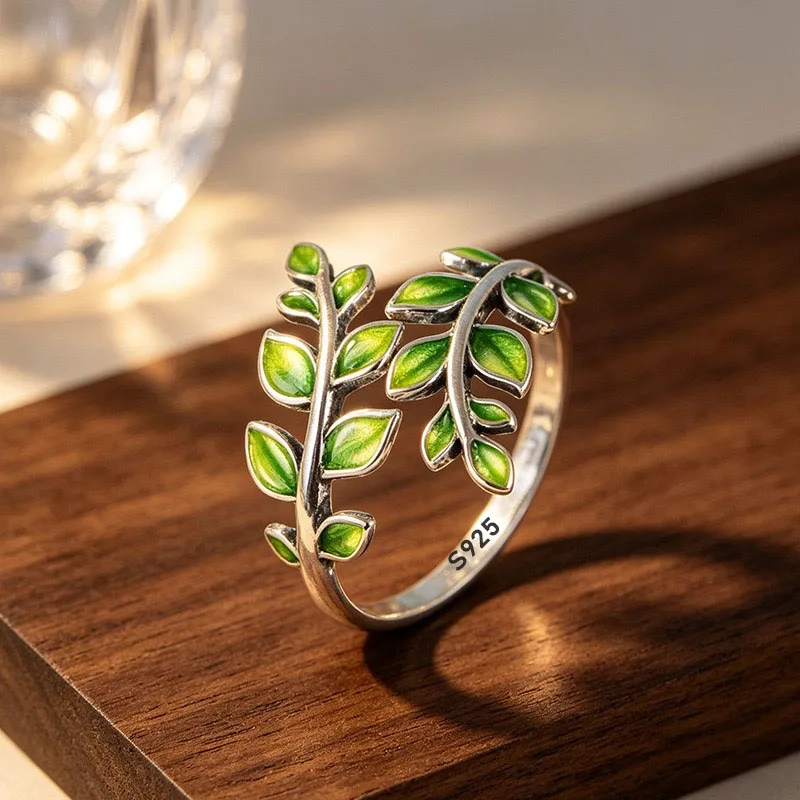 BF CLUB 925 Sterling Silber Ring für Damen, Schmuck, grüne Blattform, offener Vintage-Handarbeit-Ring, allergiefrei, für Party, Geburtstagsgeschenk – Detail 2