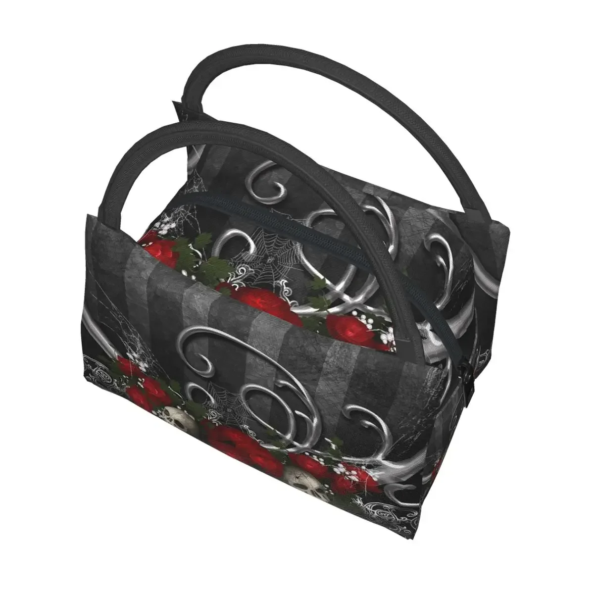 NOISYDESIGNS Portable Insulated Lunch Bag Women Gothic Rose Skull Print Oxford Cloth Food Case School Cooler Warm Picnic Handbag