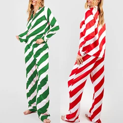 HEZIOWYUN Women's Christmas 2 Piece Loungewear Striped Pajama Set Lapel Neck Long Sleeve Button Down Tops + Elastic Waist Pants