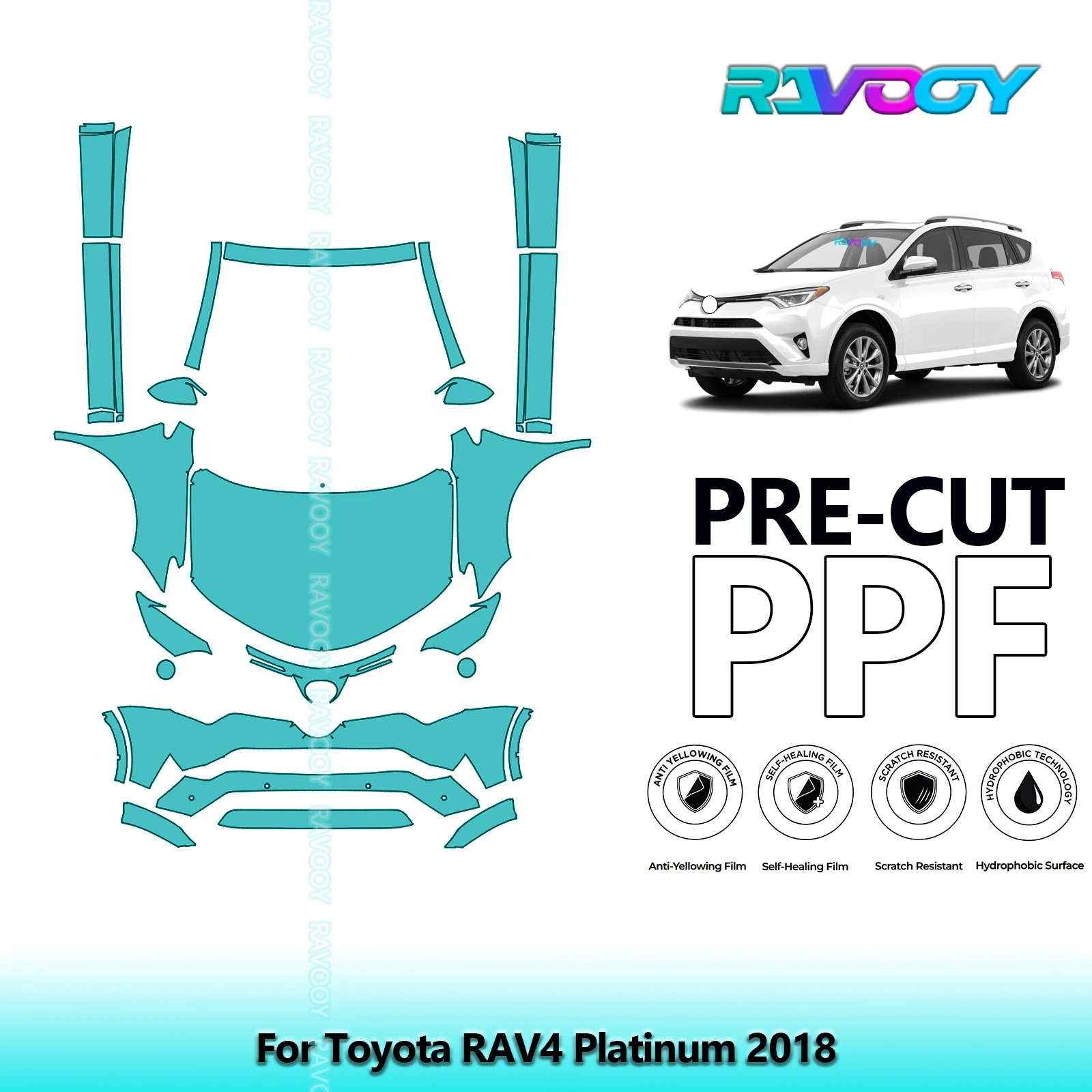 RAVOOY 8.5Mil Custom-Fit Precut TPU PPF Front Kit+Rockers Clear Bra Stone Guard EU UK For Toyota RAV4 Platinum 2018