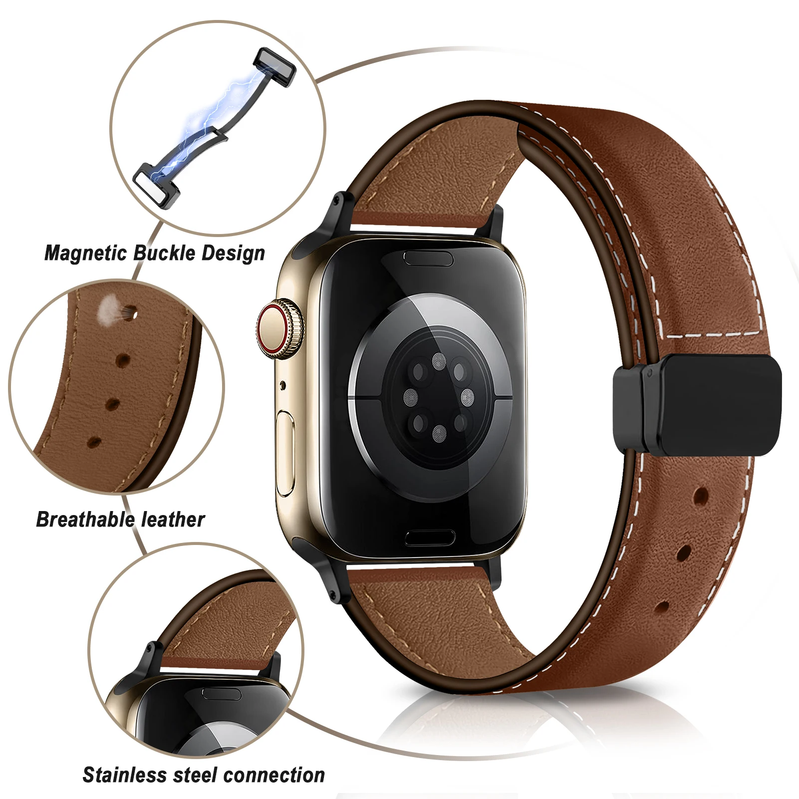 Magnetic Buckle strap for Apple Watch band 44mm 45mm 49mm 40mm 41mm 38mm 45 mm Leather Bracelet iWatch Series ultra 3 5 6 se 7 8