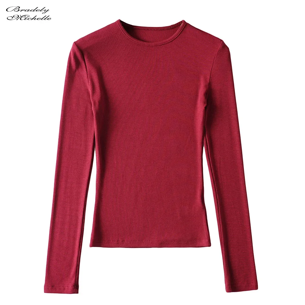 BRADELY MICHELLE-T-shirt à manches longues et col rond pour femme, vêtement basique en coton élastique, coupe en Y, couleur unie