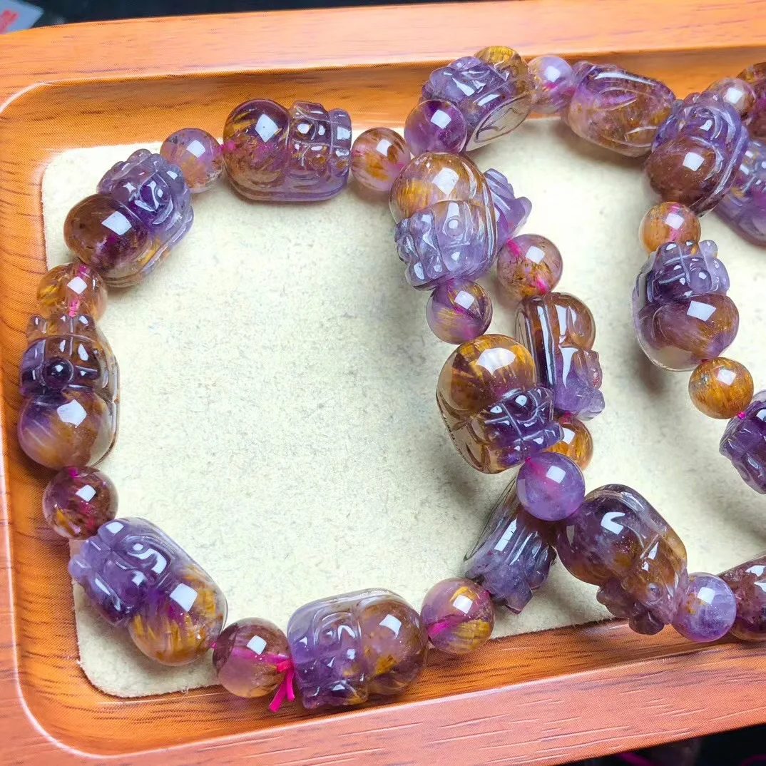 

1 Pc Fengbaowu Natural High Quality Amethyst Purple Phantom Quartz Rutilated Super 7 Auralite 23 Pixiu Bracelet Jewelry Gift
