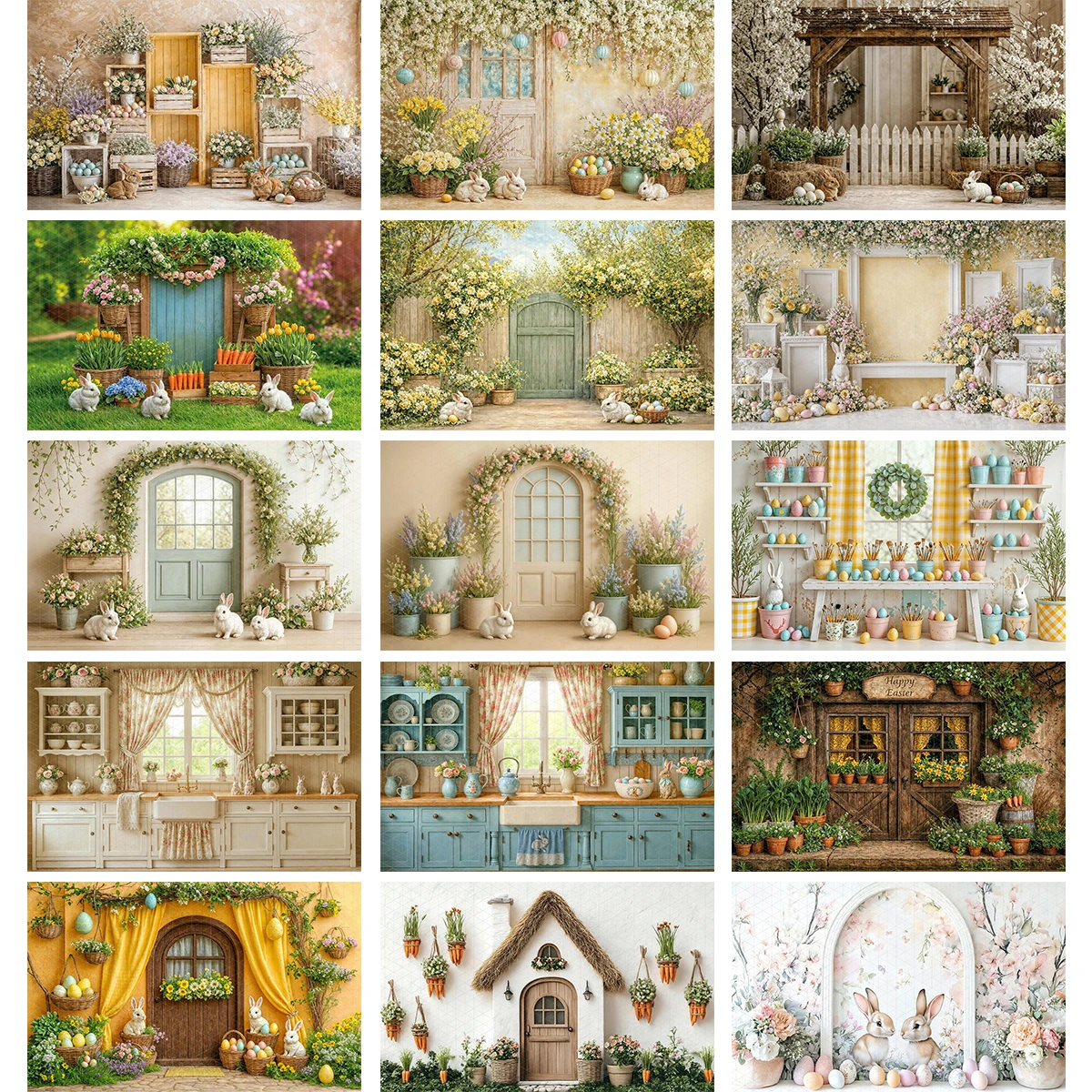 

Фоновые декорации для фотосессий на Пасху 2026: кролики, кухня, ферма, морковь, яйца, цветы, коттедж. Идеально для детей и младенцев.