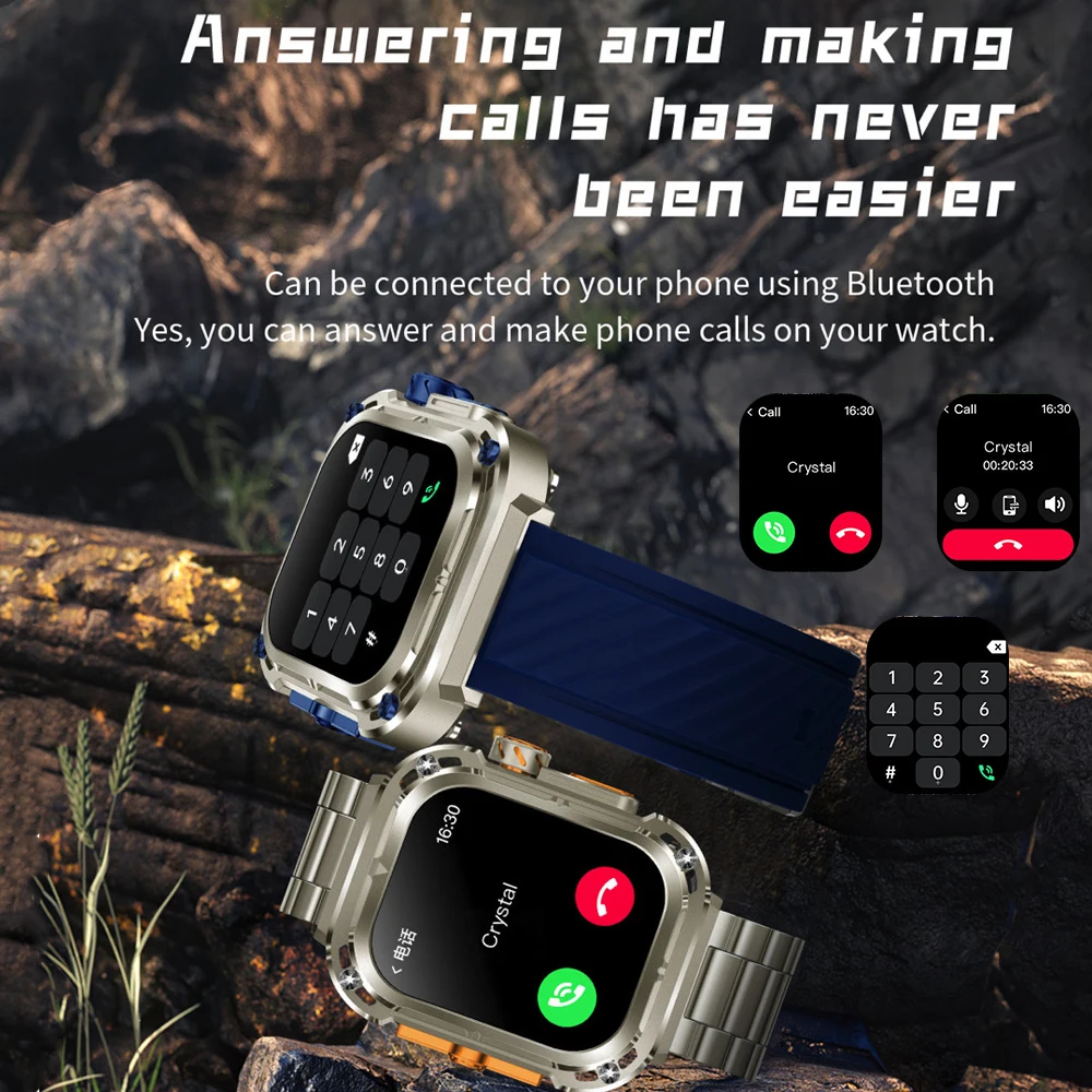 Smartwatch all'aperto Impermeabile 2.04 "Smart Watch da uomo Controllo dei gesti Blue Tooth Call Sport Fitness Orologi Bussola Frequenza cardiaca