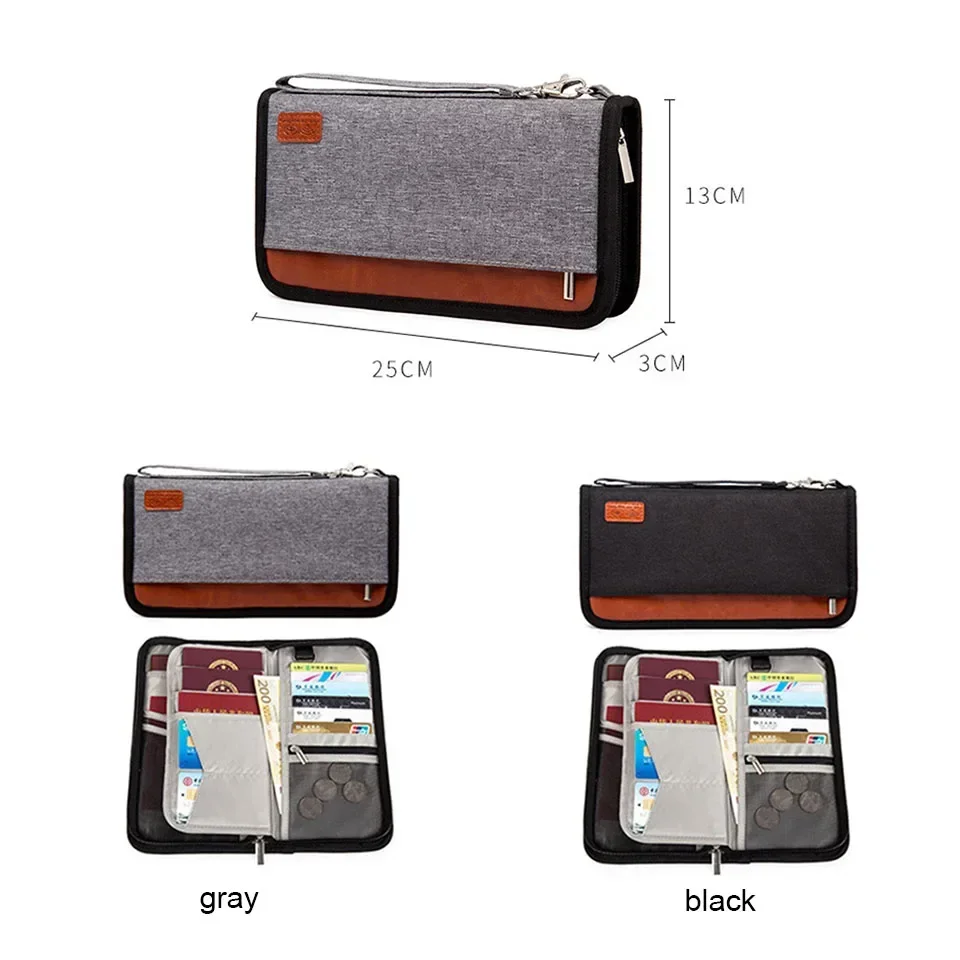 RFID Blocking Passport Holder, Travel Wallet, Ticket, Credit Card Bag, Multifunctional Zipper Wallet with Wrist Strap, Fashion
