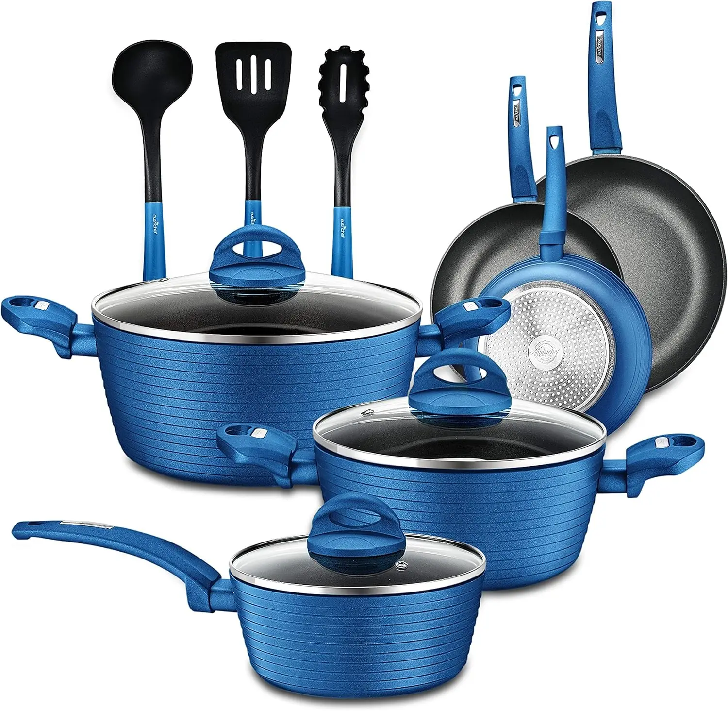 

12-Piece Nonstick Kitchen Cookware Set - PTFE/PFOA/PFOS-Free Heat Resistant Lacquer Kitchen Ware Pots Pan Set Light Gray/Blue -