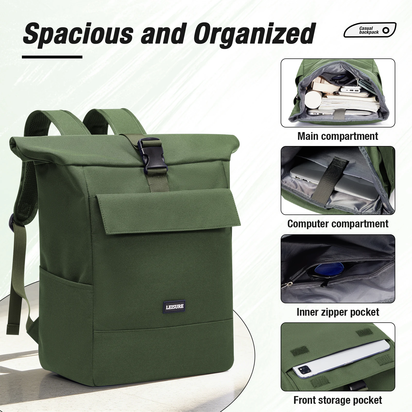 20L/25L حقيبة السفر للنساء الرجال، الطلاب كلية المدرسية خفيفة الوزن لفة الأعلى الرياضة في الهواء الطلق السفر Daypack حقيبة الظهر #3