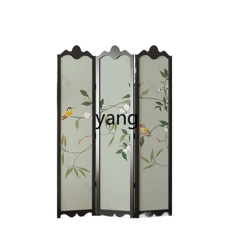 YJQ French medieval flower and bird folding screen partition living room solid wood foldable mobile background wall