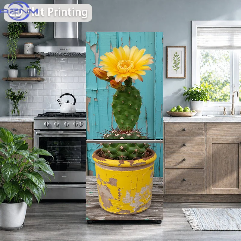 2D Flat Printing 1pc Refrigerator Sticker 60×180cm Cactus Top Flower Bloom Themed Design, Self-Adhesive Wall Decal Wallpaper,