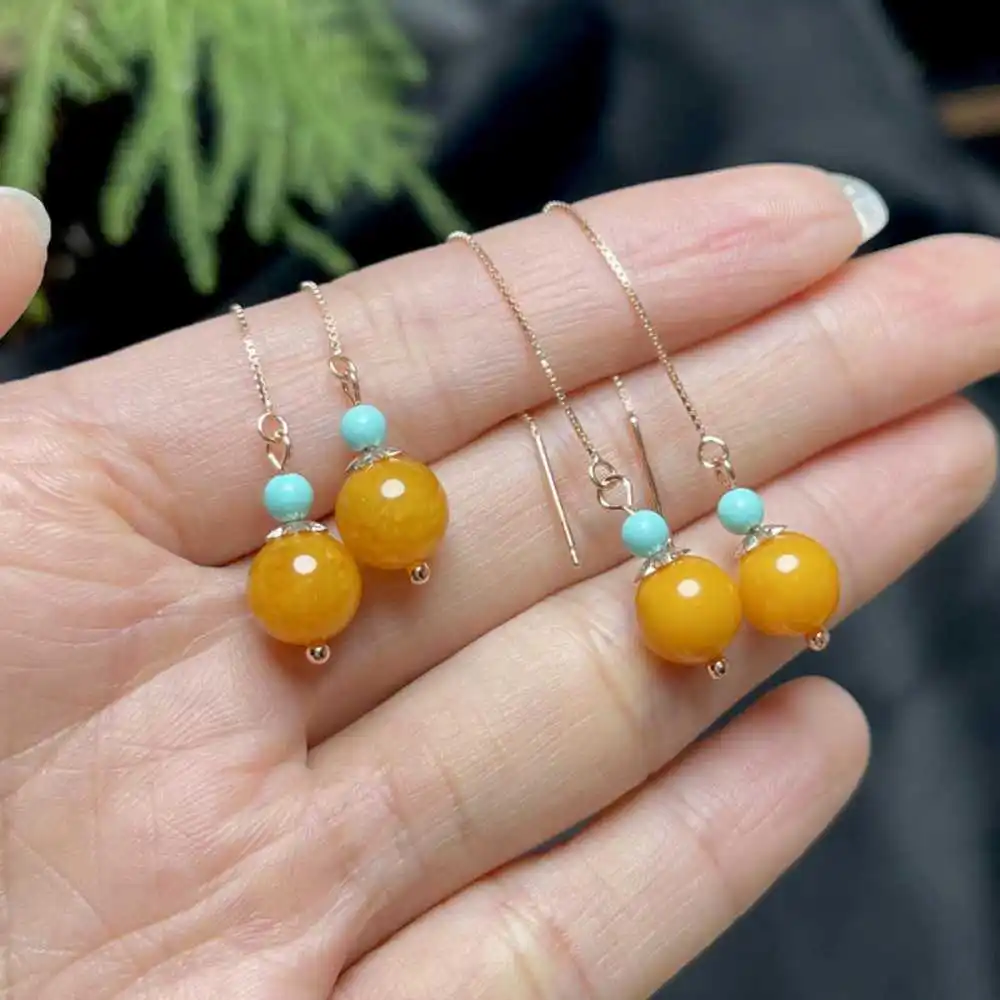 A pair Handmade natural 12MM yellow dragon jade bead earrings VALENTINE'S DAY SOLID Lucky Diy Wedding New