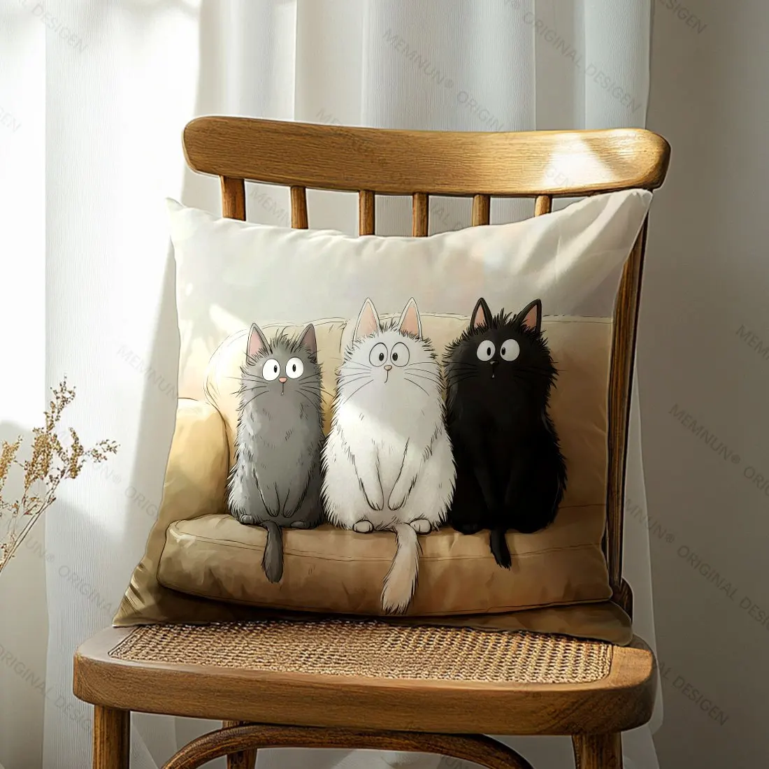 Cute Fluffy Cats Pillow Cover Cartoon Kitten Trio Print Whimsical Pet Cushion Case for Sofa Bed Couch Cozy Cat Lover Home Decor