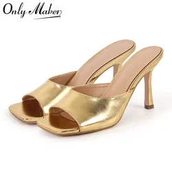 Onlymaker Women Gold Square Toe Mules Big Size Stiletto Thin Heel Open Toe Sandals