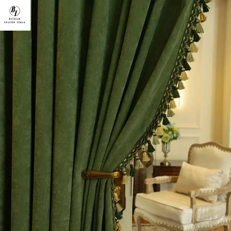 North American Niche Retro Green Velvet Fringe Curtains for Living Room Bedroom Dining Luxury Oil Painting Atmosphere CustomSize