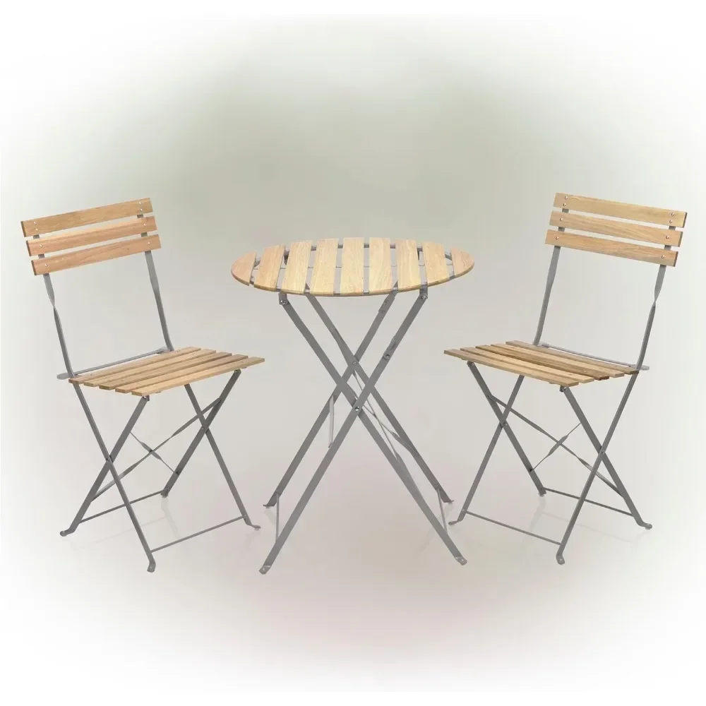 3-Piece Wood Slat and Metal Bistro Set Garden Furniture, Silver/Neutral