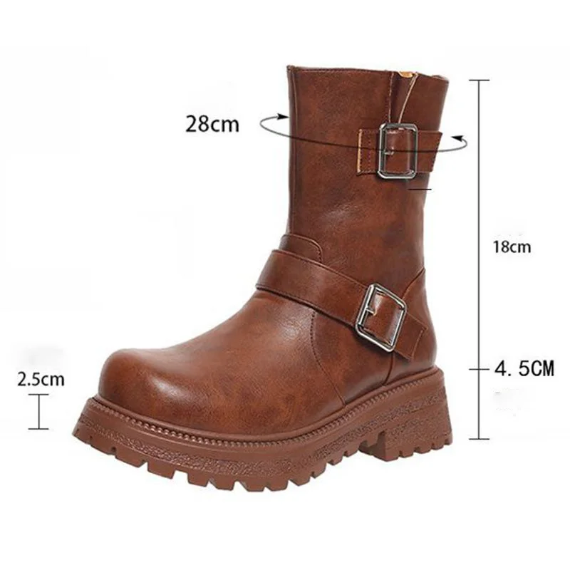 Girseaby Classic Female Boots Round Toe Platform Block Heelw 4.5cm Zipper Belt Buckles Small Size 31 32 33 Leisure Daily Bota