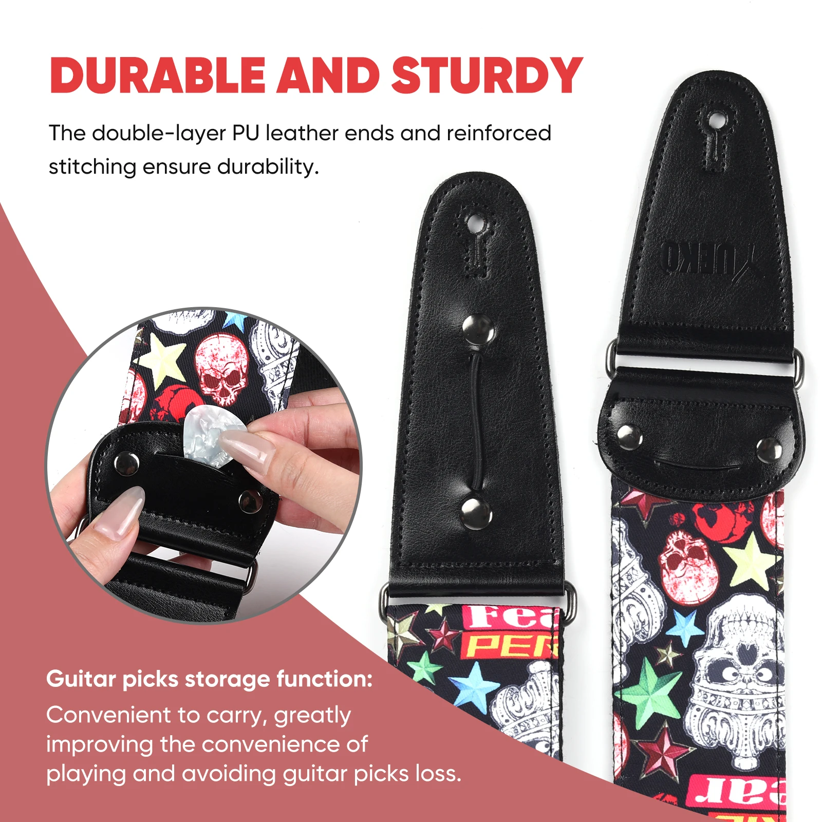 Individuality Color Exotic Style Skull Guitar Strap Electric Guitar Bass Widen 2.5 Inch Universal Belt with PU Leather End