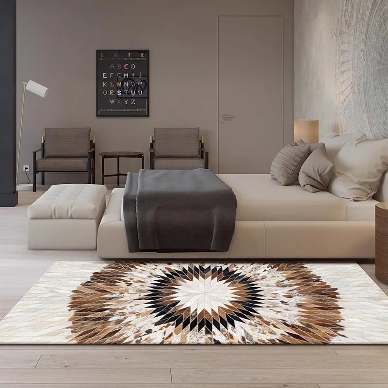 

Brown Real Cowhide Bedroom Carpet Long Handmade Bedside Mat Area Rug Living Room Natural Cow Skin American style Study Mat